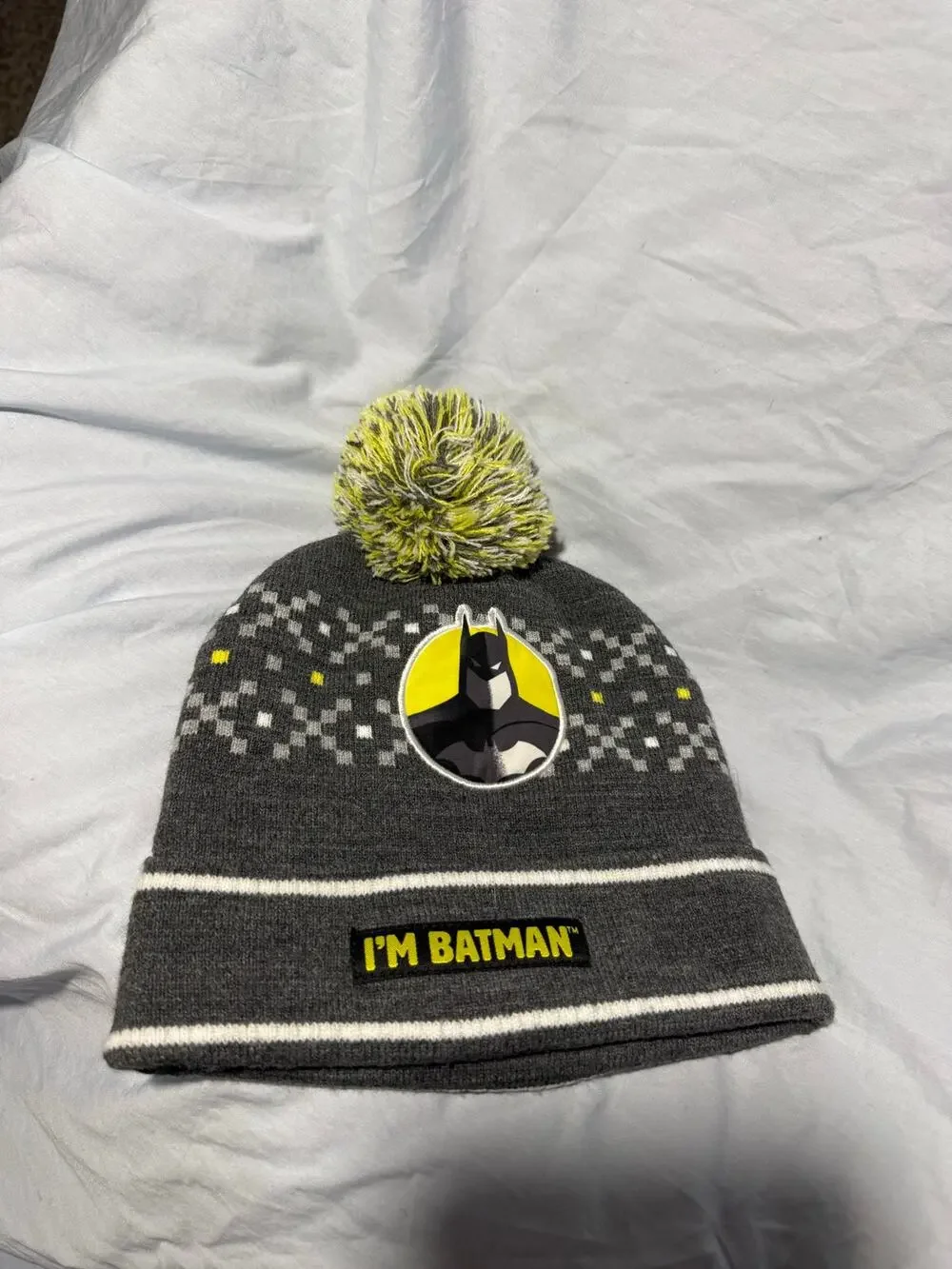 Batman Youth Beanie Pom Pom Hat Gray Yellow Warner Bros 100th Anniversary 2023